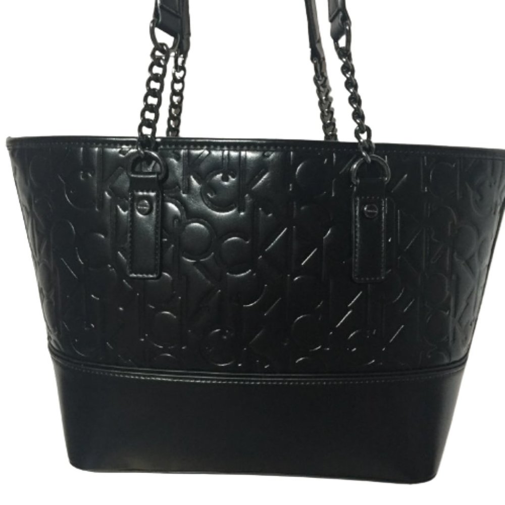 Calvin Klein Black Tote with Cardcase Purse Faux Leather Silver Accents - Picture 3 of 10